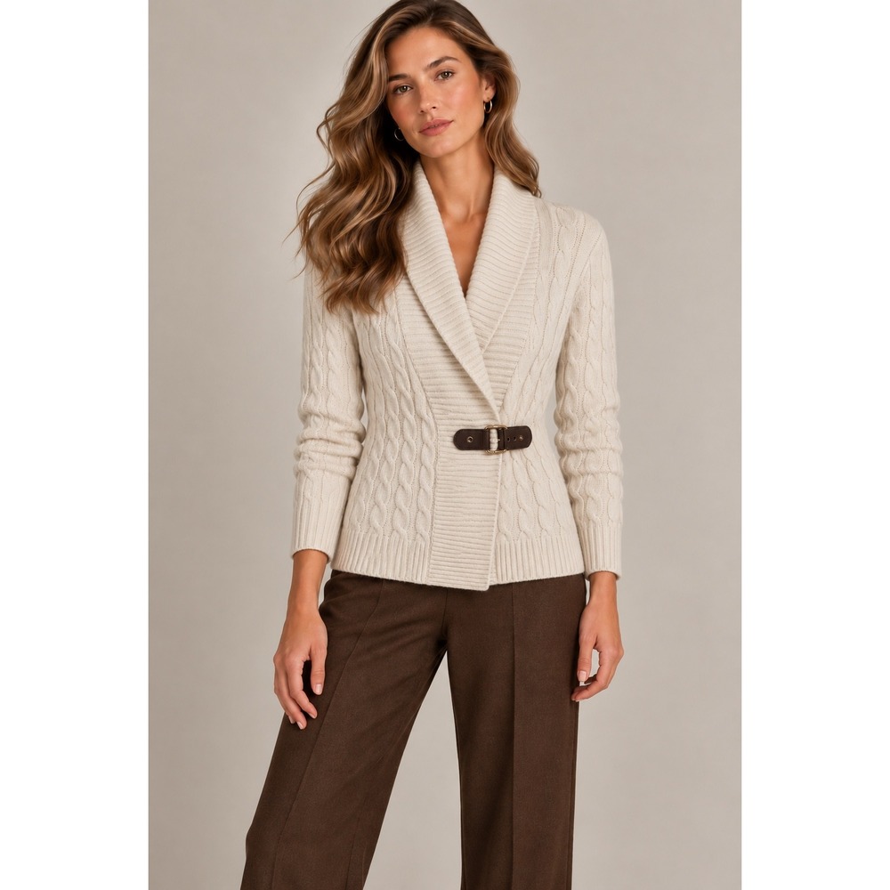 Lauren Ralph Lauren Cream Cable Knit Buckle Old Money Cardigan Sweater, Medium